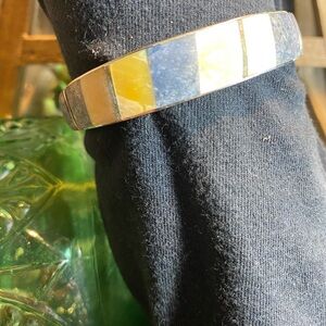 Vintage mother of pearl Black Coral mosaic Silver Tone, Hinged Cuff Bracelet